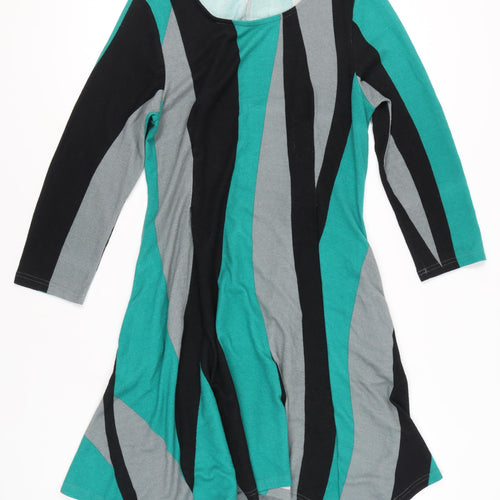 Roman Women’s Green Grey Black A-Line Jersey Dress Size 16 Long Sleeve Scoop Neck