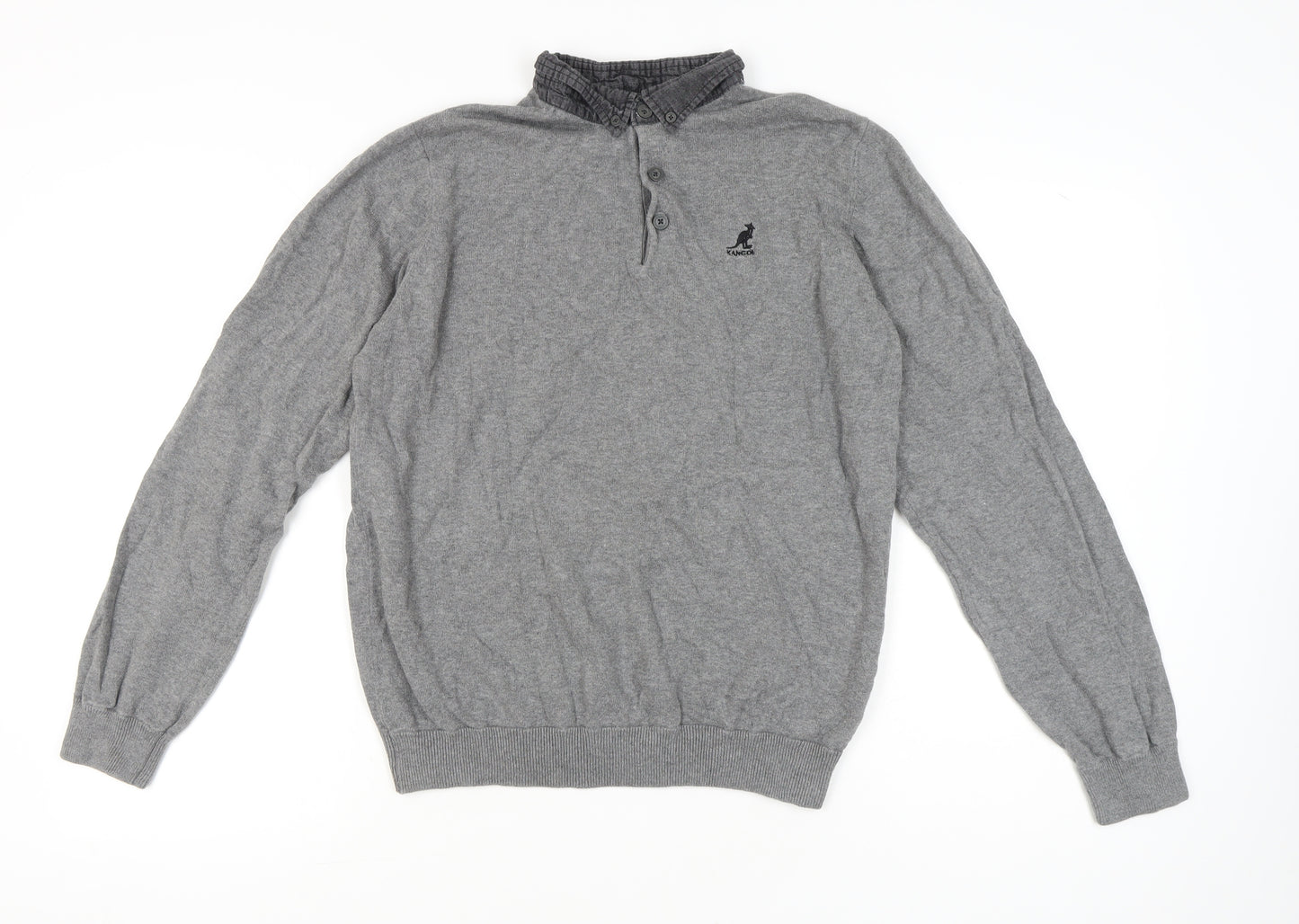 Kangol Mens Grey Cotton Henley Jumper Size L Long Sleeve Casual