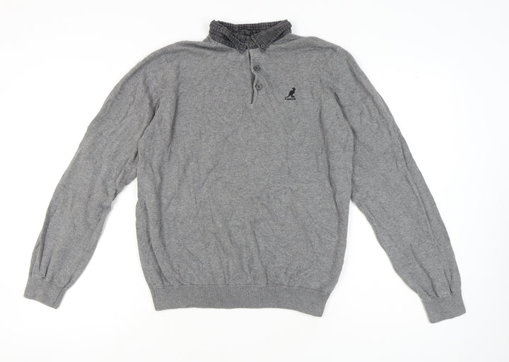 Kangol Mens Grey Cotton Henley Jumper Size L Long Sleeve Casual
