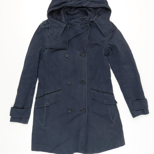 Zara Women’s Blue Cotton Trench Coat Hooded Size S