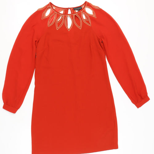 Warehouse Women’s Red Shift Dress Size 8 Embroidered Long Sleeve Party