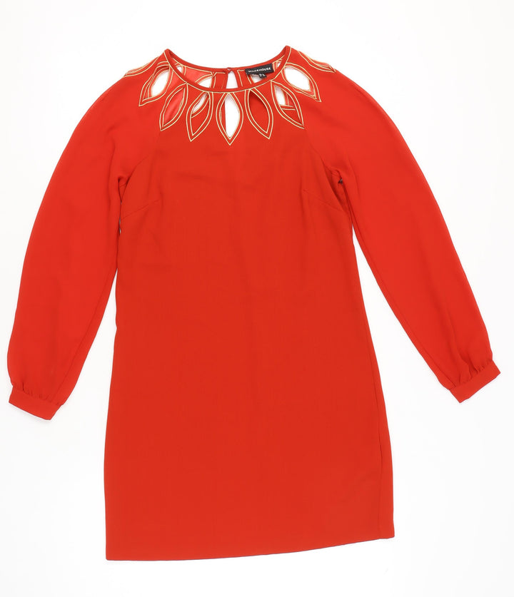 Warehouse Women’s Red Shift Dress Size 8 Embroidered Long Sleeve Party