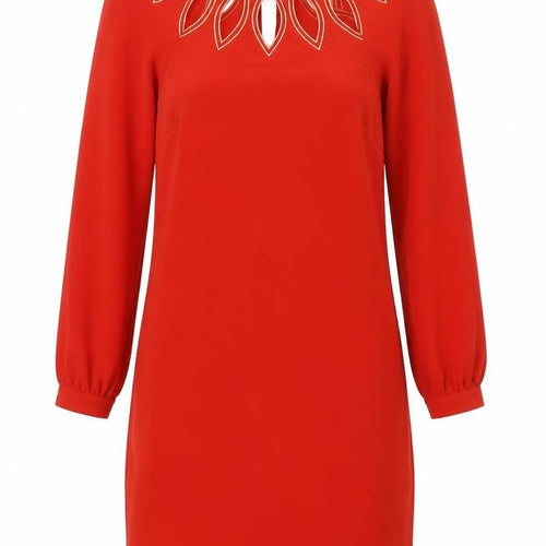 Warehouse Women’s Red Shift Dress Size 8 Embroidered Long Sleeve Party