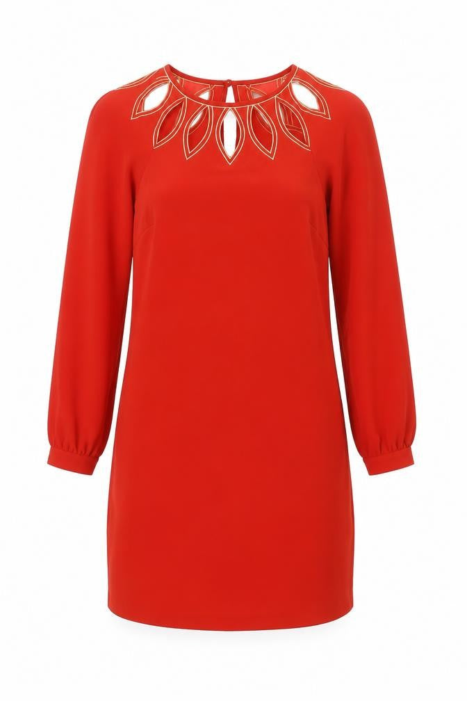 Warehouse Women’s Red Shift Dress Size 8 Embroidered Long Sleeve Party