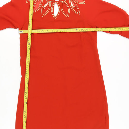 Warehouse Women’s Red Shift Dress Size 8 Embroidered Long Sleeve Party