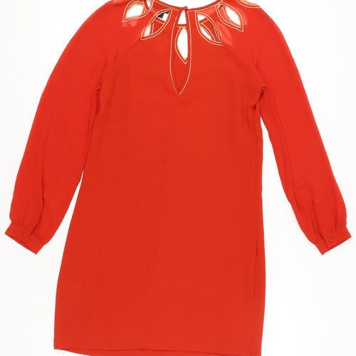 Warehouse Women’s Red Shift Dress Size 8 Embroidered Long Sleeve Party