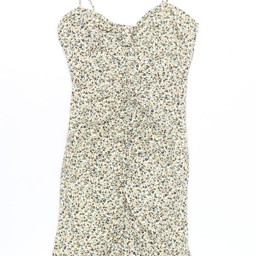 Zara Womens Multicoloured Floral Slip Dress Size 8 Ruched Ruffle Hem