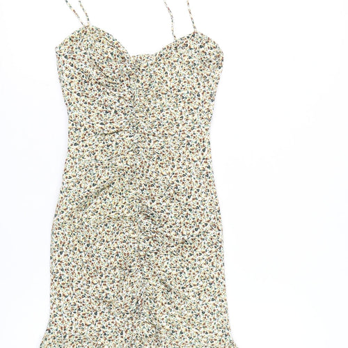 Zara Womens Multicoloured Floral Slip Dress Size 8 Ruched Ruffle Hem