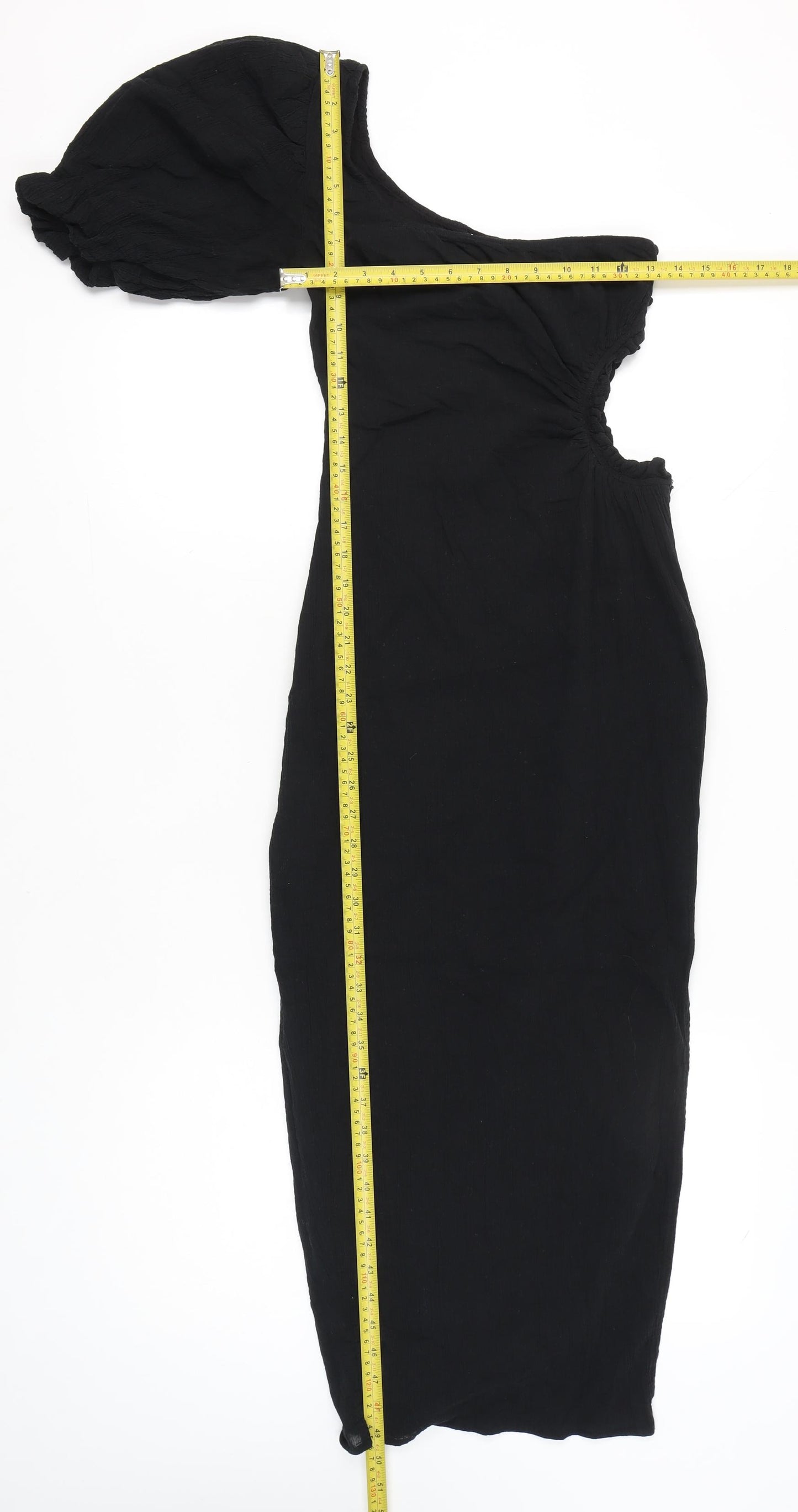 Seven Wonders Women’s Black Size 8 One Shoulder Puff Sleeve Cotton Bodycon Midi Dress