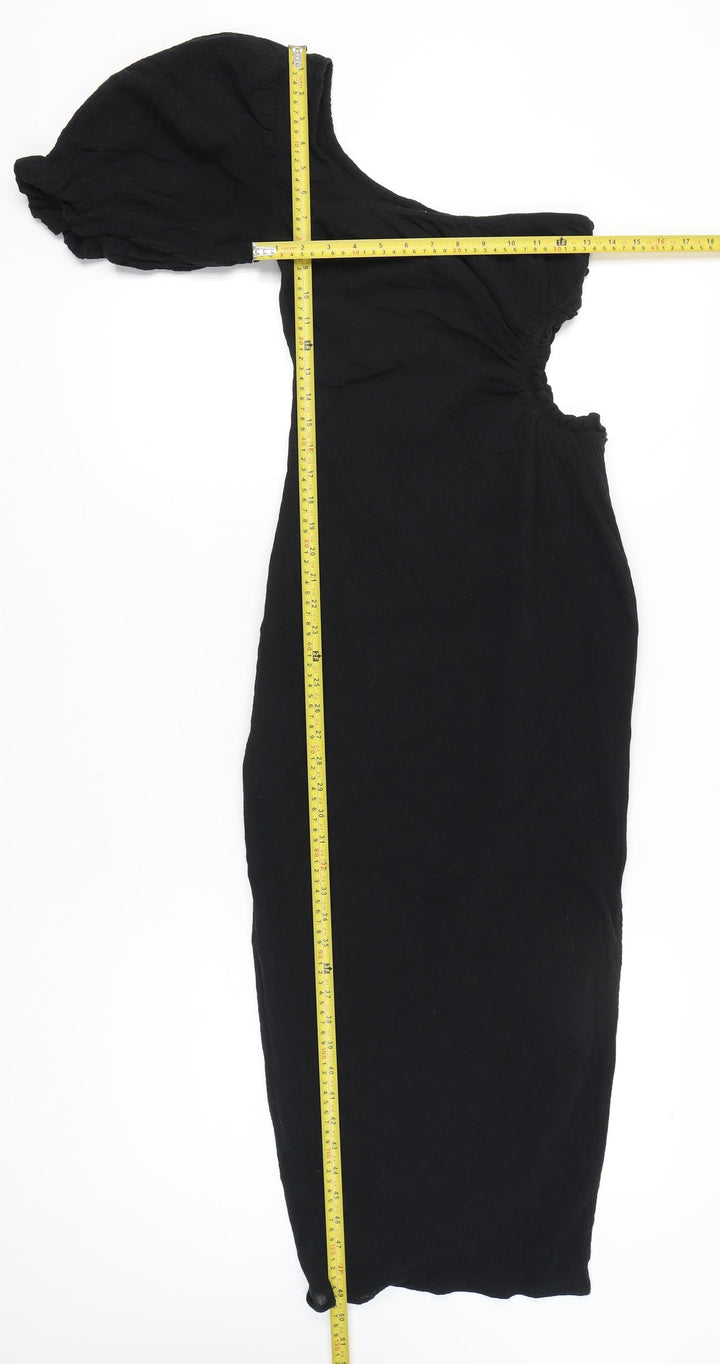 Seven Wonders Women’s Black Size 8 One Shoulder Puff Sleeve Cotton Bodycon Midi Dress