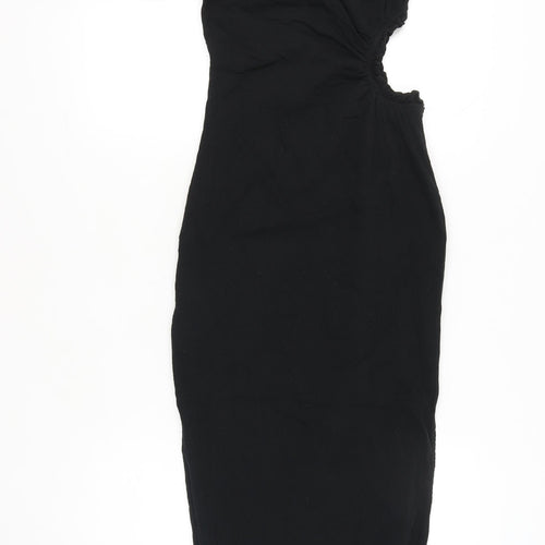 Seven Wonders Women’s Black Size 8 One Shoulder Puff Sleeve Cotton Bodycon Midi Dress