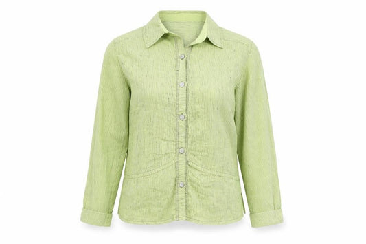 Front view of CoCoMenthe women’s green striped button-up shirt, size S