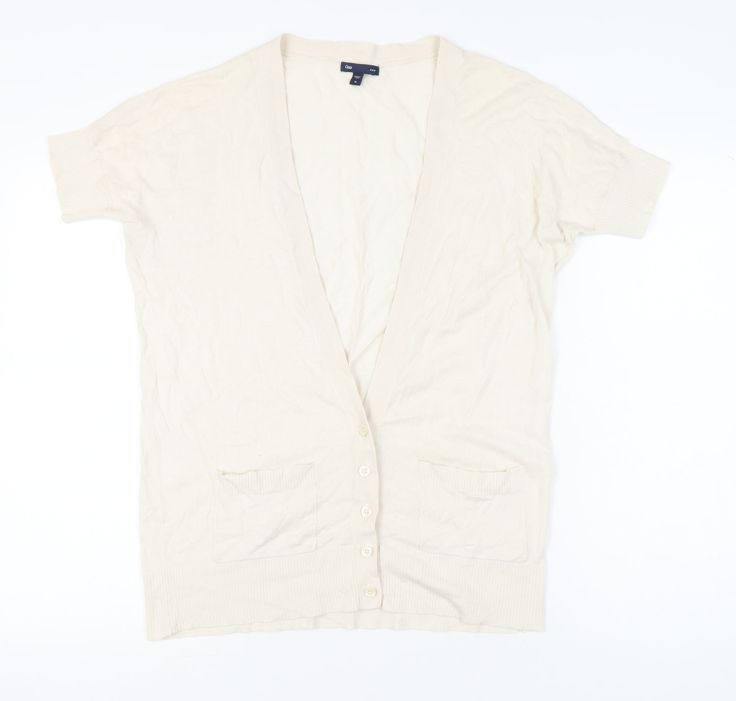 Gap Womens Beige Cotton Cardigan Medium Short Sleeve V-Neck