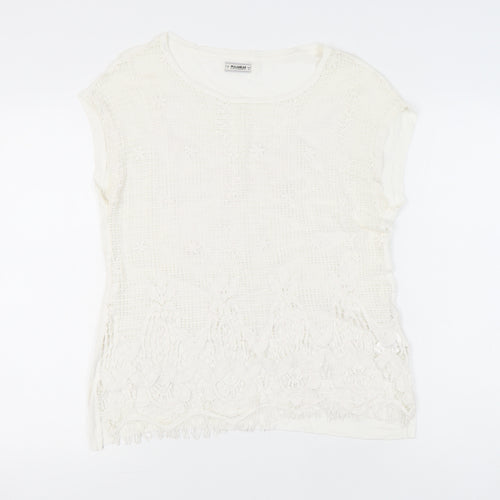 Pull&Bear Womens Ivory Lace Crochet T-Shirt Size 8 Casual Summer