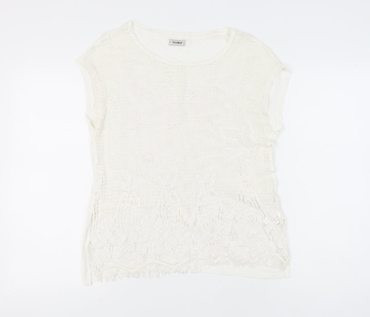 Pull&Bear Womens Ivory Lace Crochet T-Shirt Size 8 Casual Summer