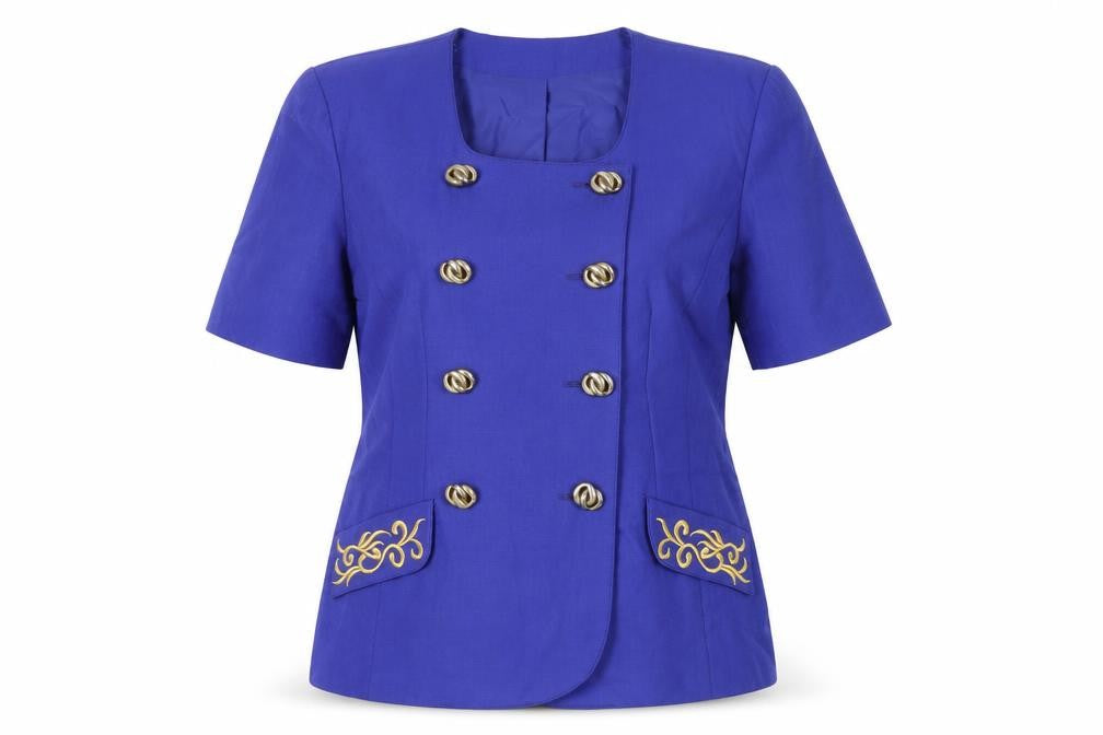 Front view of Berkertex women’s blue, size UK 16, double-breasted suit jacket