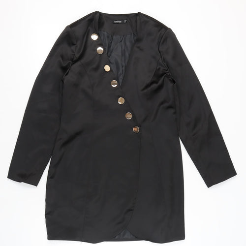 Boohoo Women Black Size 14 Shift Mini Dress Long Sleeve V-Neck