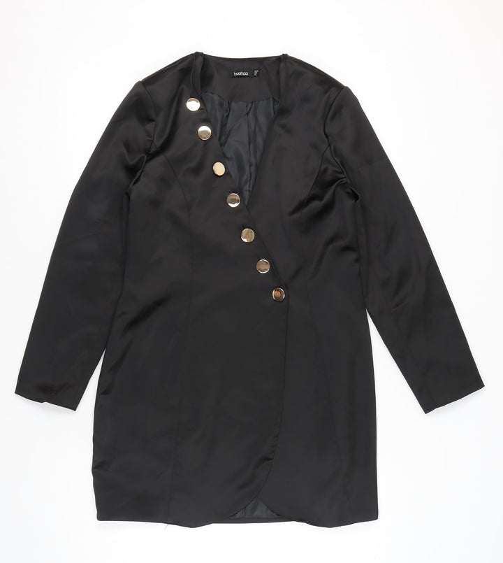 Boohoo Women Black Size 14 Shift Mini Dress Long Sleeve V-Neck