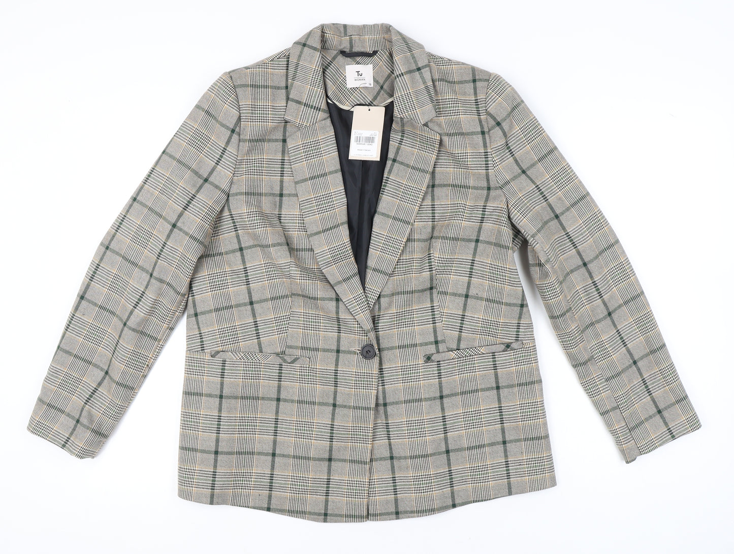 Tu Women Grey Check Blazer Size 16 Regular Fit Work Jacket