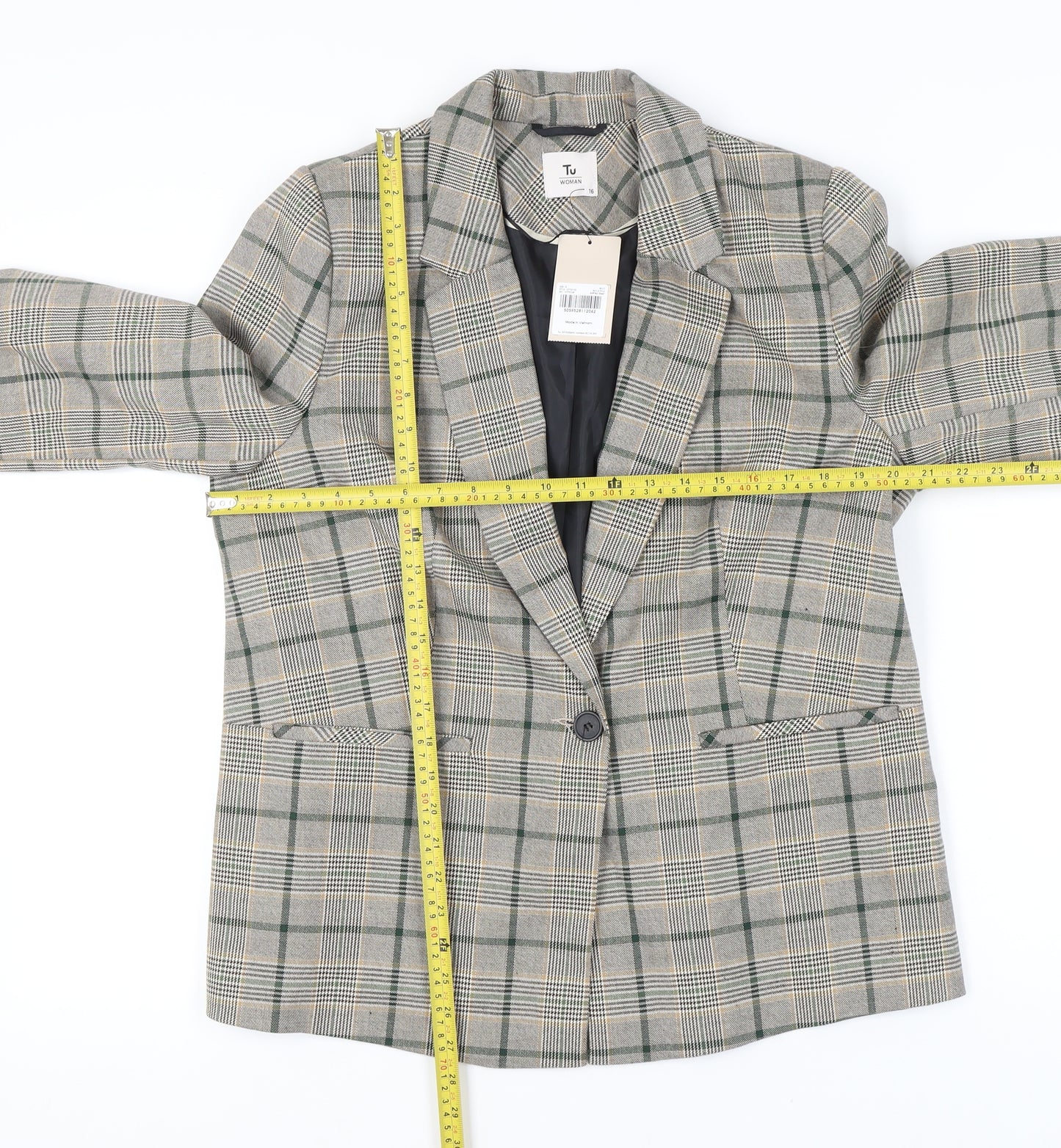Tu Women Grey Check Blazer Size 16 Regular Fit Work Jacket