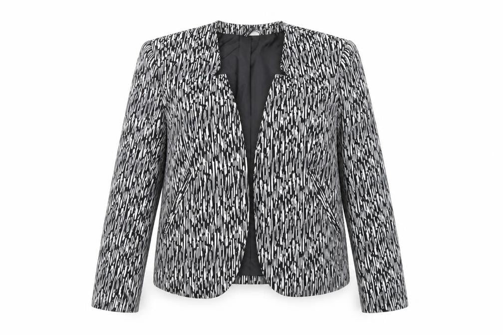 Front view of H&M Divided women’s black white geometric blazer, size UK 16