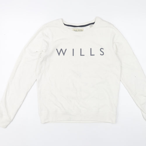 Jack Wills Womens White Sweatshirt UK 10 Pullover Logo Crew Neck