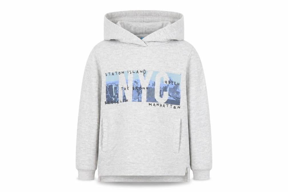 Front view of Hullabaloo boys’ grey pullover hoodie 7-8 years nyc graphic print casual