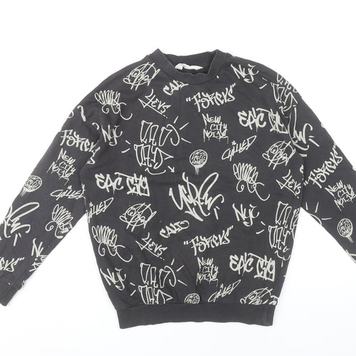 H&M Boys Black Graphic Print Crew Neck Sweatshirt 11Y Pullover Cotton Blend