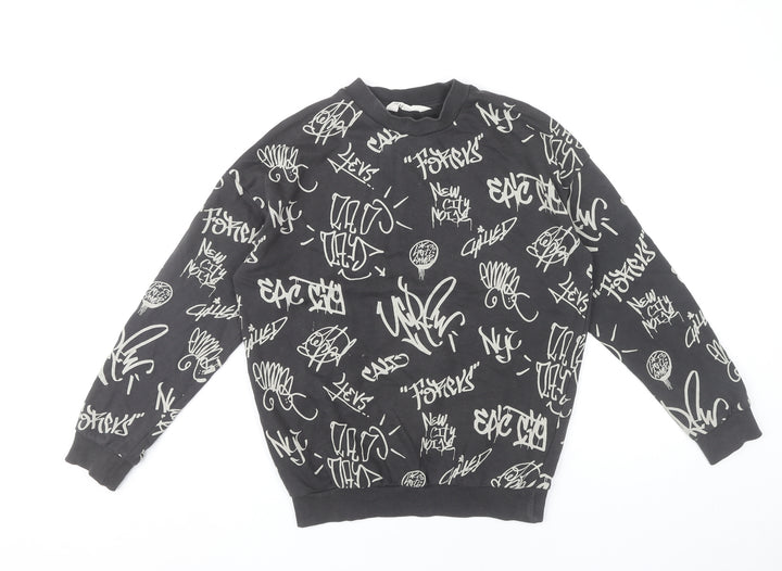 H&M Boys Black Graphic Print Crew Neck Sweatshirt 11Y Pullover Cotton Blend
