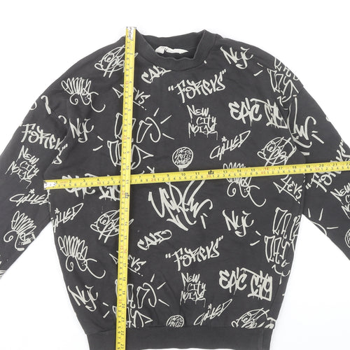 H&M Boys Black Graphic Print Crew Neck Sweatshirt 11Y Pullover Cotton Blend