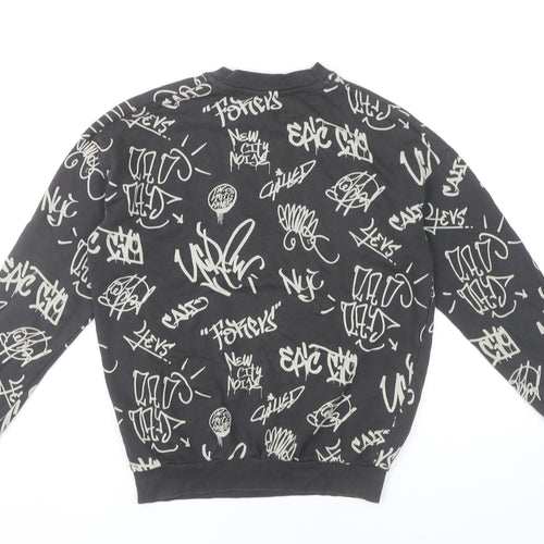 H&M Boys Black Graphic Print Crew Neck Sweatshirt 11Y Pullover Cotton Blend