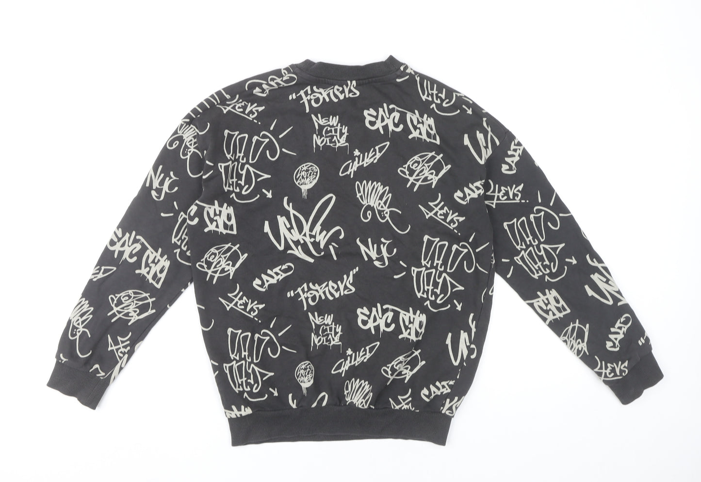 H&M Boys Black Graphic Print Crew Neck Sweatshirt 11Y Pullover Cotton Blend