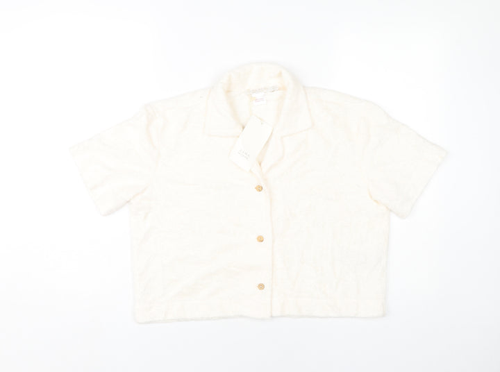 Zara Home Women’s Ivory Cropped Button-Up Shirt Size 8 Short Sleeve