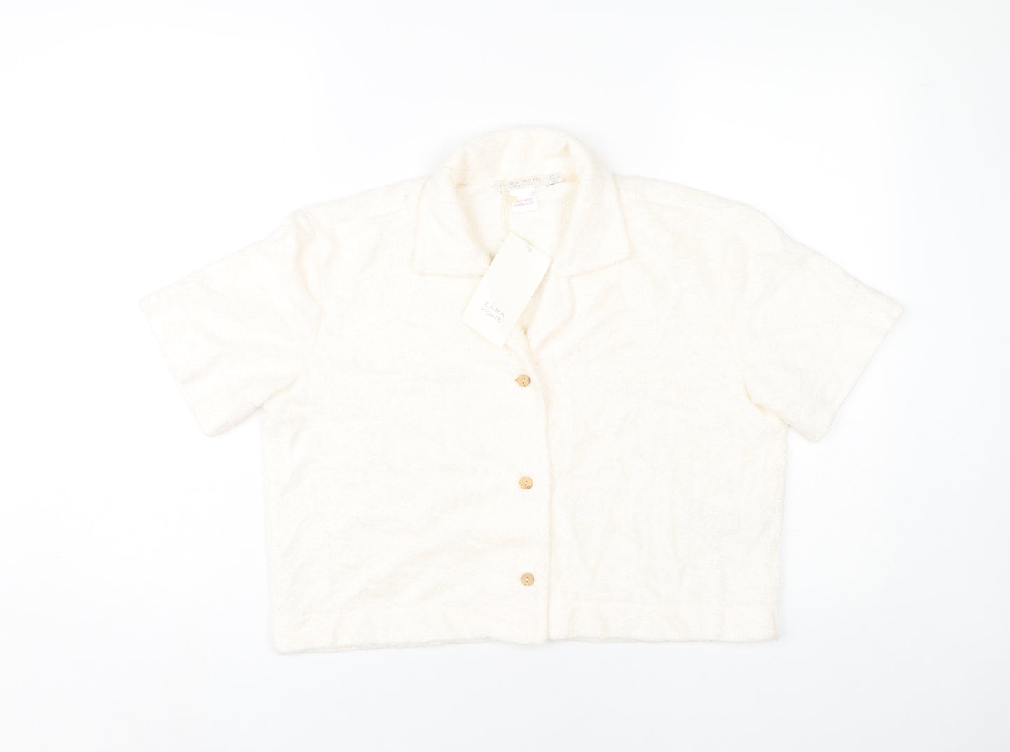Zara Home Women’s Ivory Cropped Button-Up Shirt Size 8 Short Sleeve