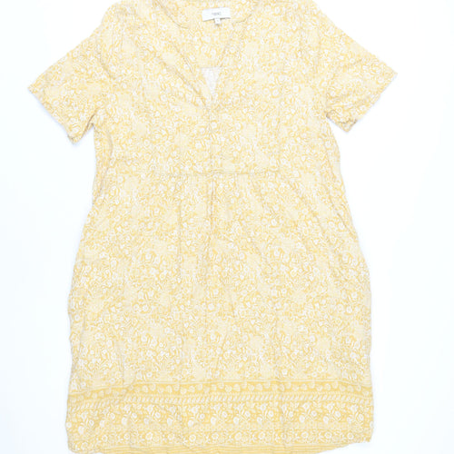 Next Women’s Yellow Floral Shift Dress Size 10 Short Sleeve V-Neck