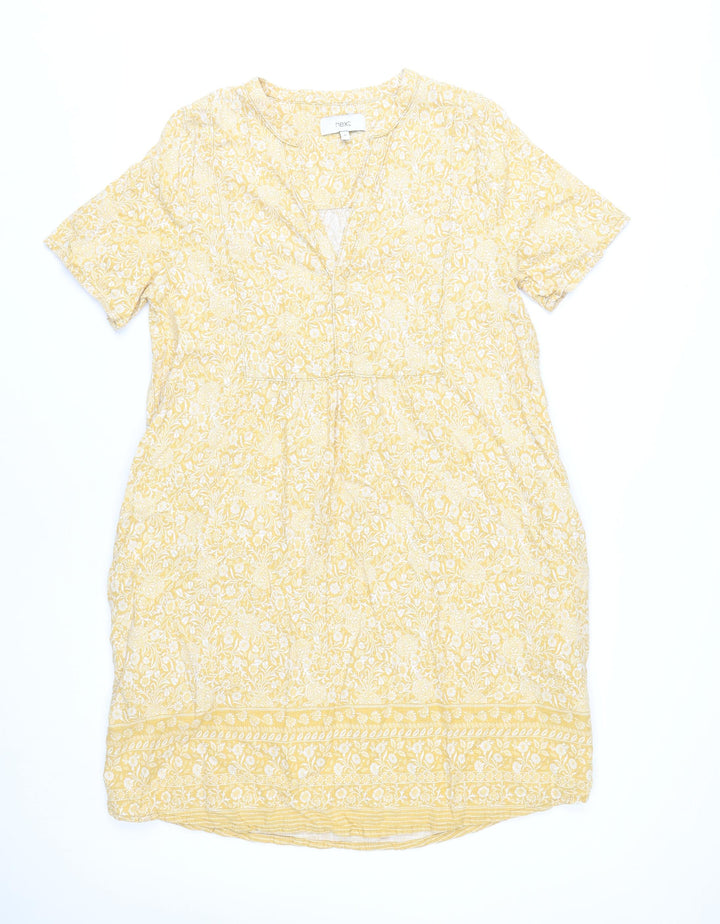 Next Women’s Yellow Floral Shift Dress Size 10 Short Sleeve V-Neck