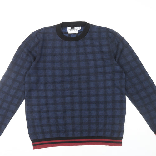 Topman Men’s Blue Check Crew Neck Jumper Pullover Size M Regular Fit