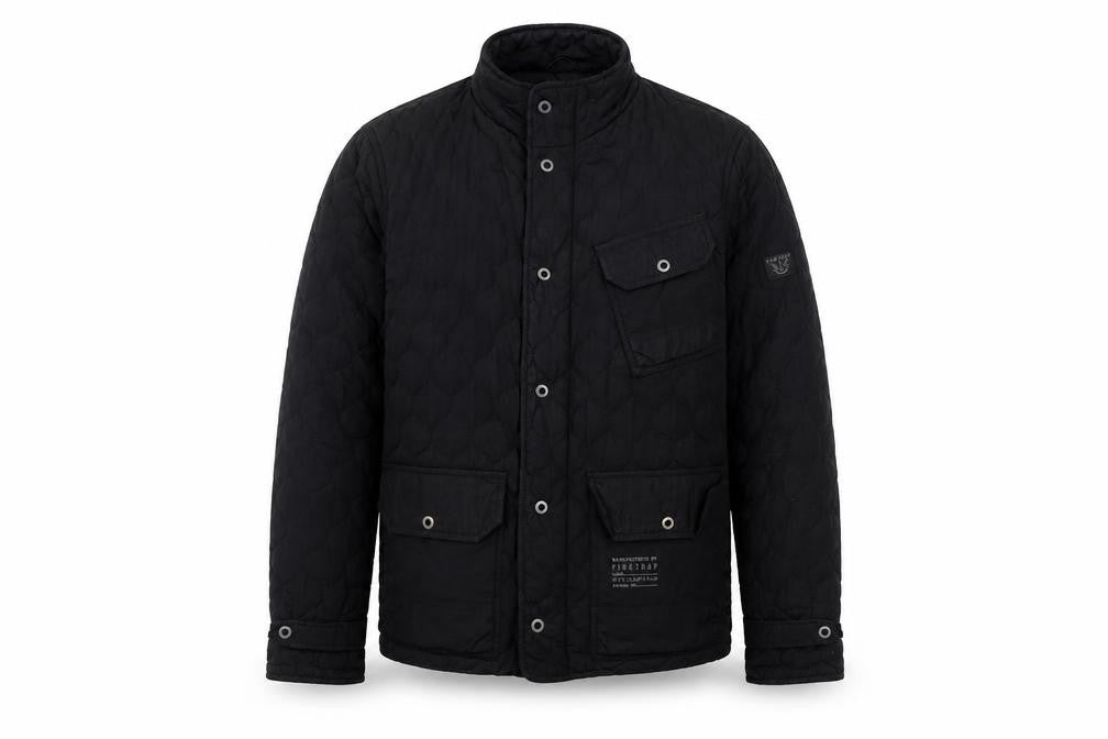 Front view of Firetrap Men’s Black Quilted Mid-Length Casual Jacket, size M