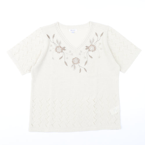 Damart Womens Ivory Floral Embroidered Knit T-Shirt Size 14