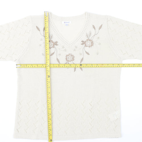 Damart Womens Ivory Floral Embroidered Knit T-Shirt Size 14