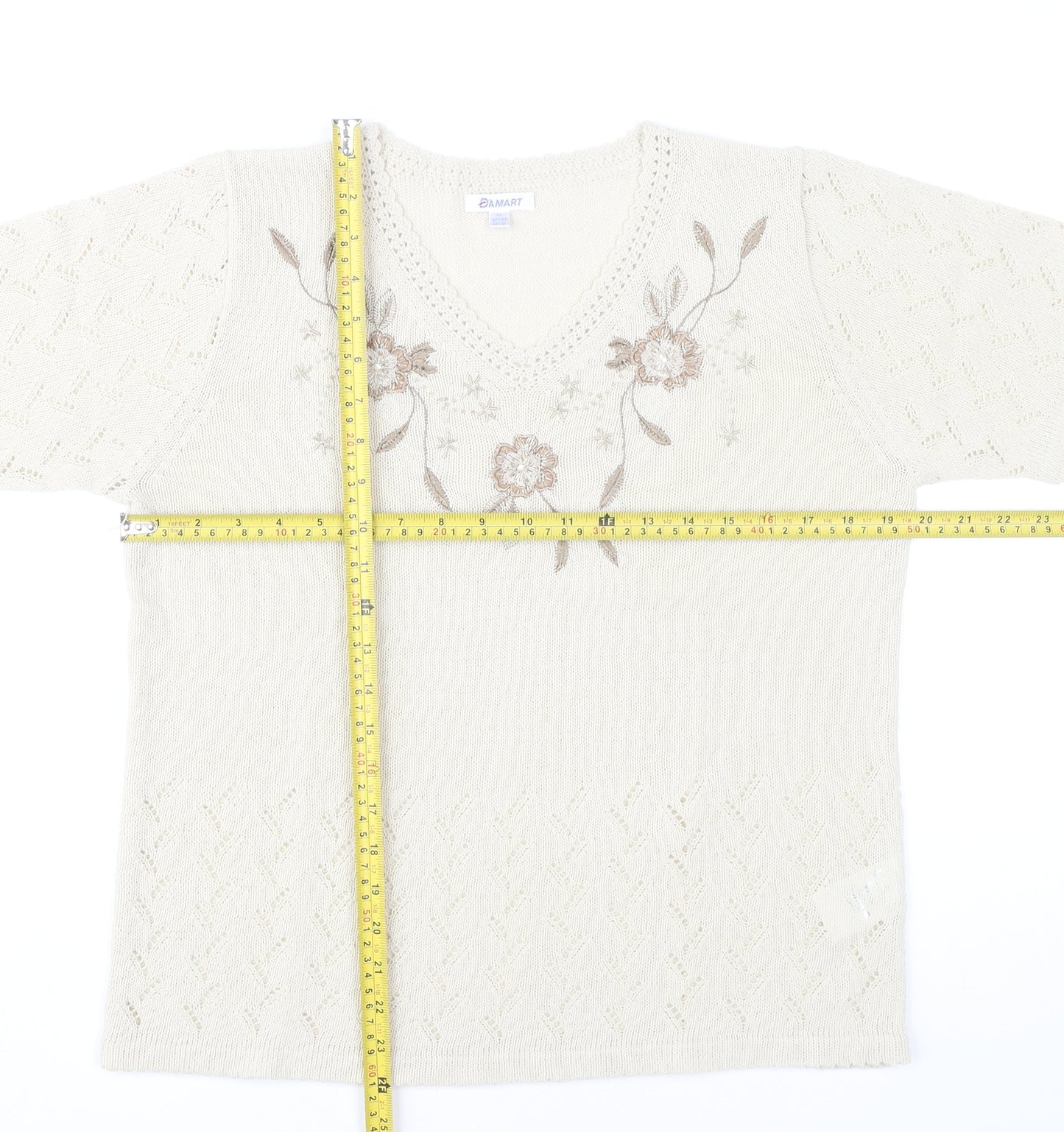 Damart Womens Ivory Floral Embroidered Knit T-Shirt Size 14