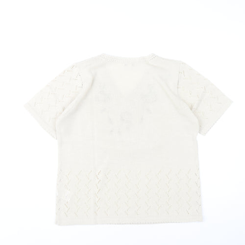 Damart Womens Ivory Floral Embroidered Knit T-Shirt Size 14