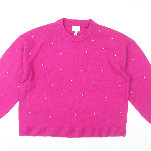 H&M Women’s Pink Beaded Crew Neck Pullover Jumper Size 12