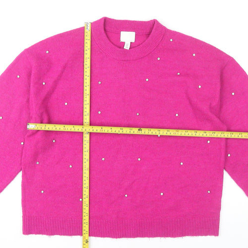 H&M Women’s Pink Beaded Crew Neck Pullover Jumper Size 12