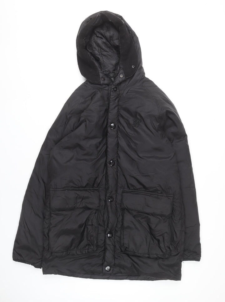 SikSilk Men’s Black Nylon Puffer Jacket Hooded Size M Casual Winter