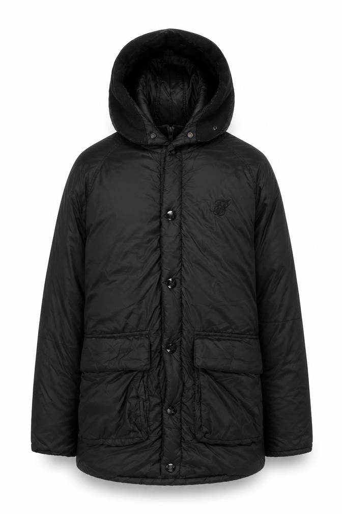 SikSilk Men’s Black Nylon Puffer Jacket Hooded Size M Casual Winter