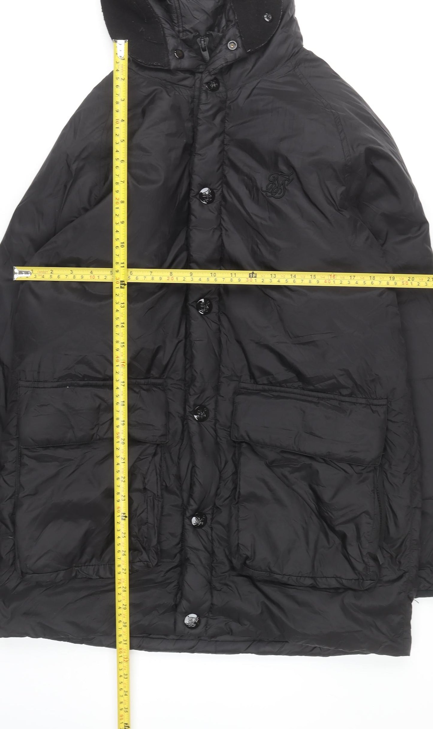 SikSilk Men’s Black Nylon Puffer Jacket Hooded Size M Casual Winter