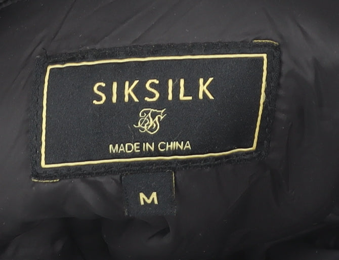 SikSilk Men’s Black Nylon Puffer Jacket Hooded Size M Casual Winter