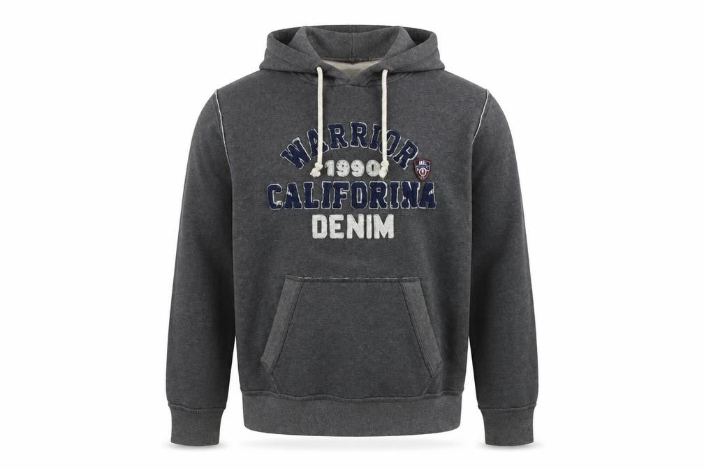 Front view of MGL men’s grey pullover hoodie xl embroidered logo casual sweatshirt