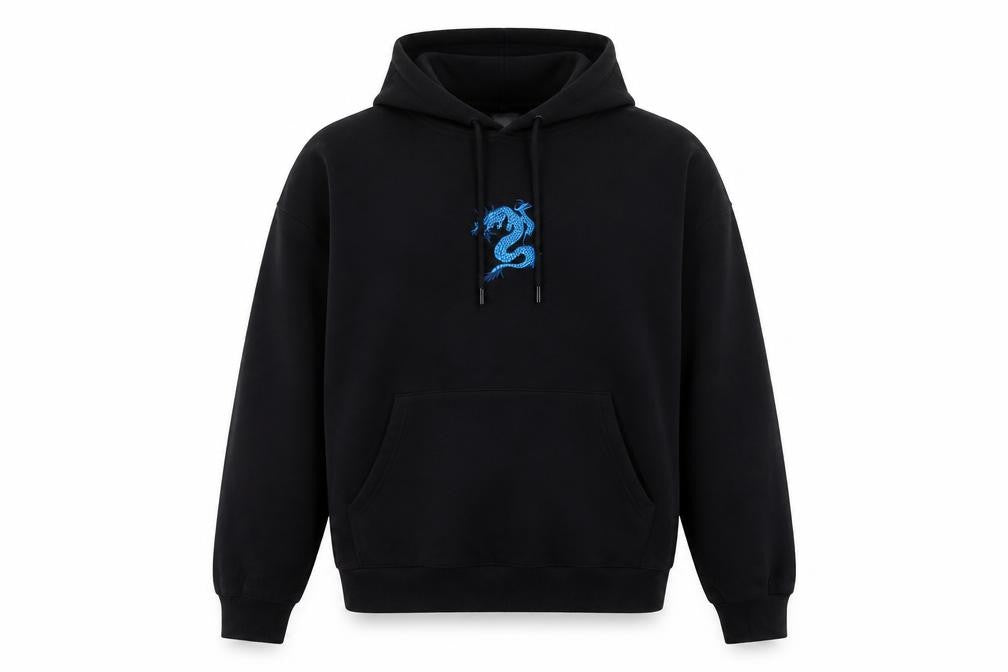 Front view of Monki unisex black hoodie m pullover embroidered dragon cotton blend